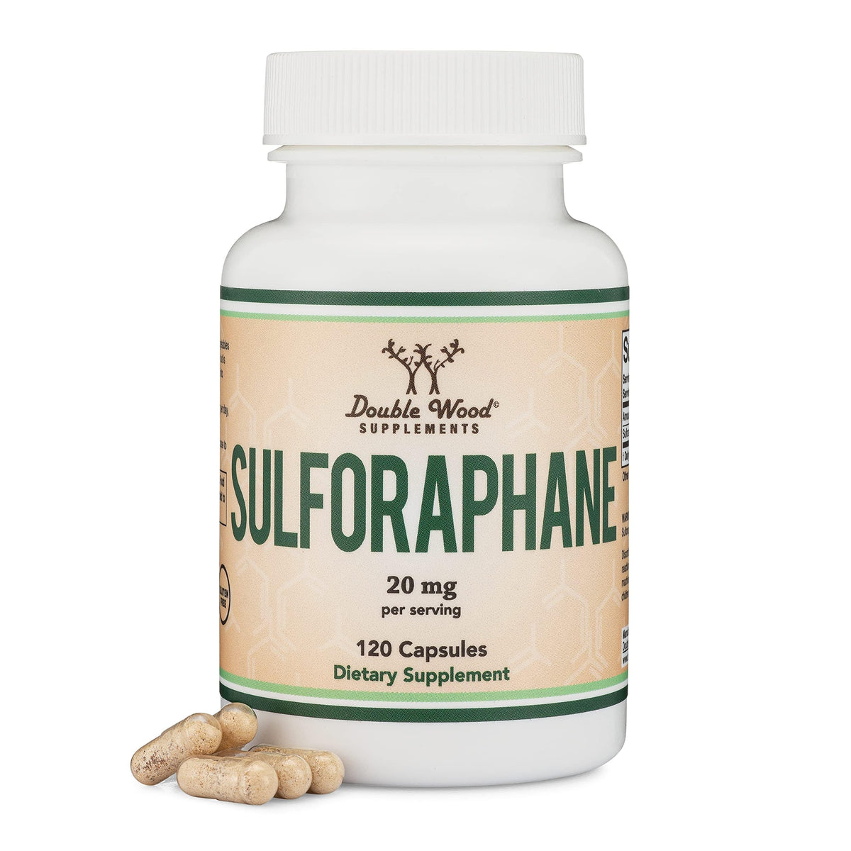 Double Wood Sulforaphane bottle closeup highlighting premium packaging and clean ingredients.