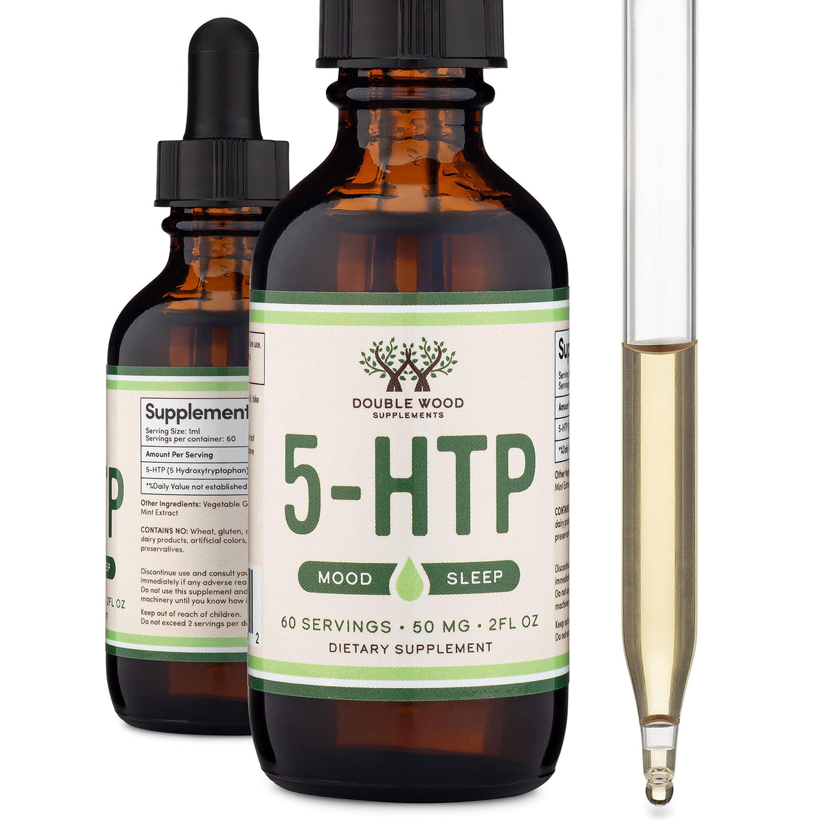 Double Wood 5HTP Liquid Drops bottle supports mood balance and nighttime calm