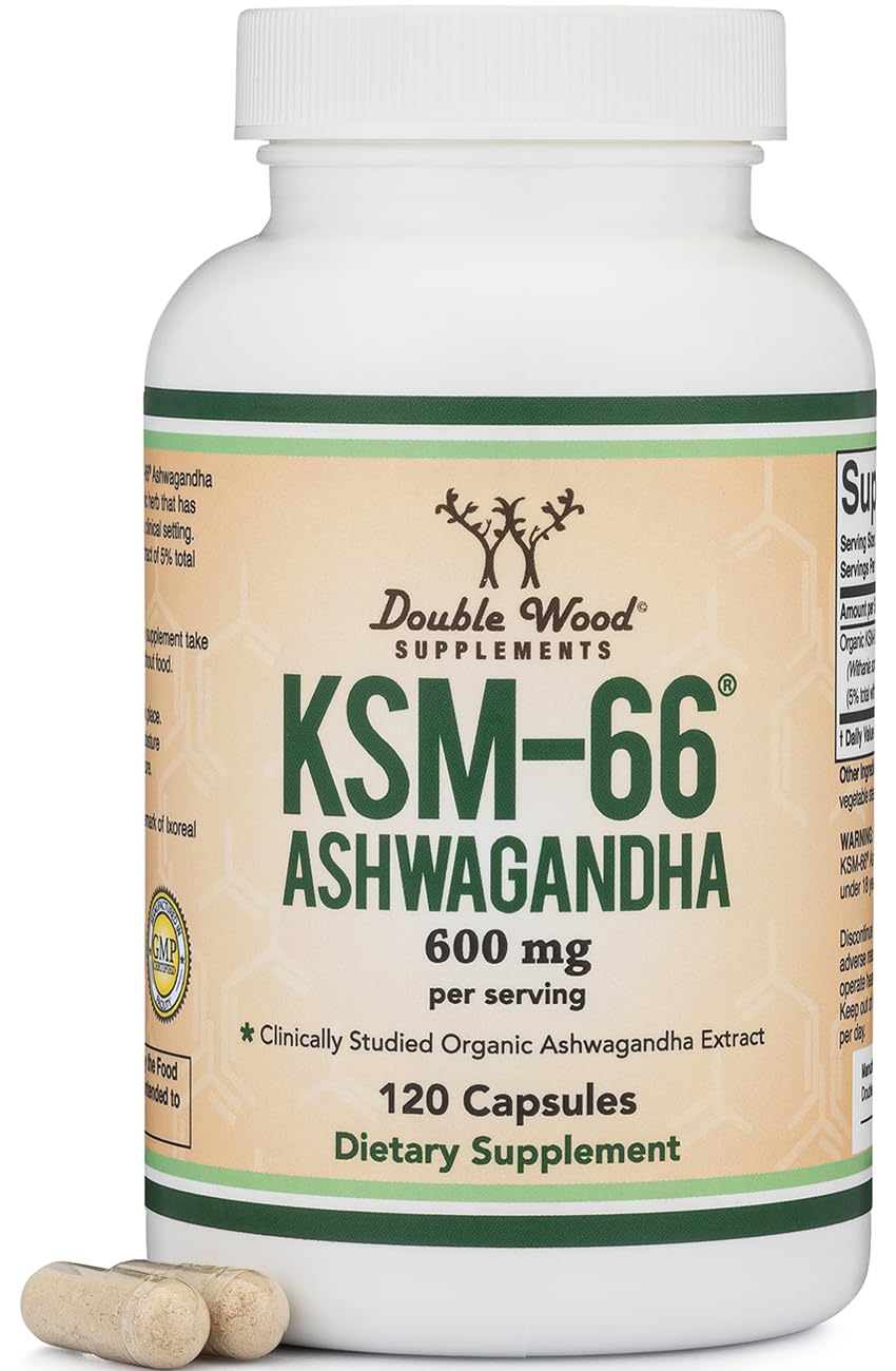 Double Wood Ashwagandha KSM66 bottle highlighting 600 mg per serving for daily balance