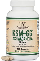 Double Wood Ashwagandha KSM66 bottle highlighting 600 mg per serving for daily balance