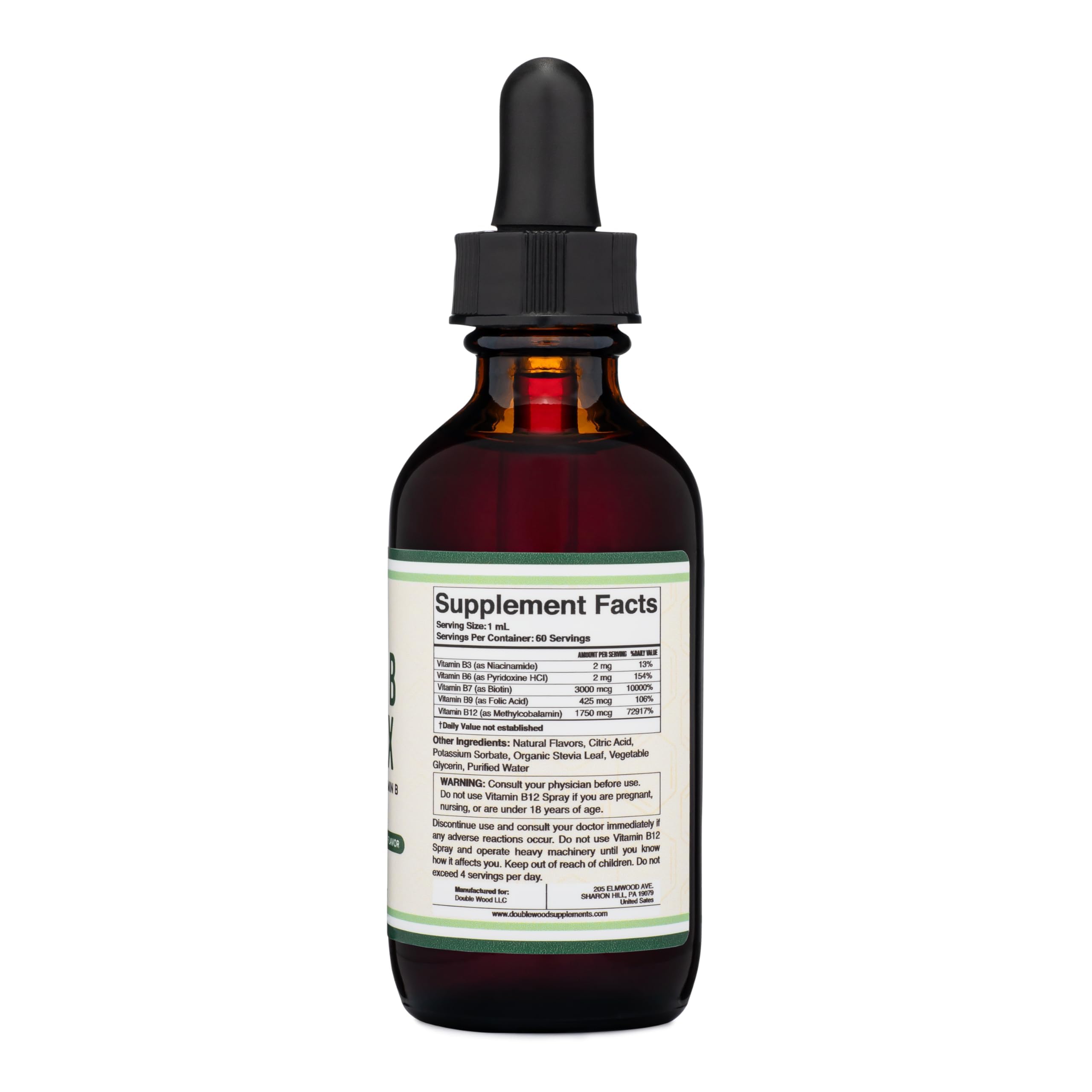 Double Wood B Complex drops in a glass dropper, highlighting precise dosing.