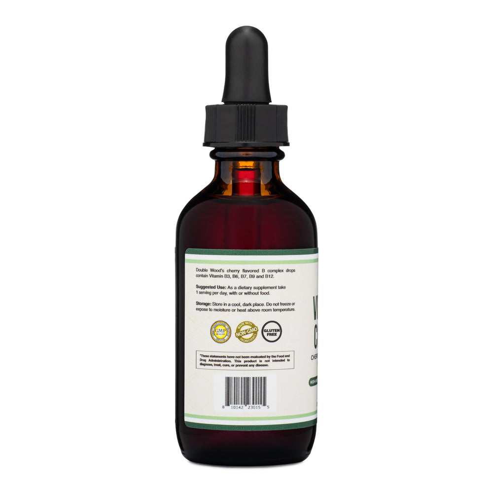 Cherries beside Double Wood B Complex bottle hint at enjoyable daily use.