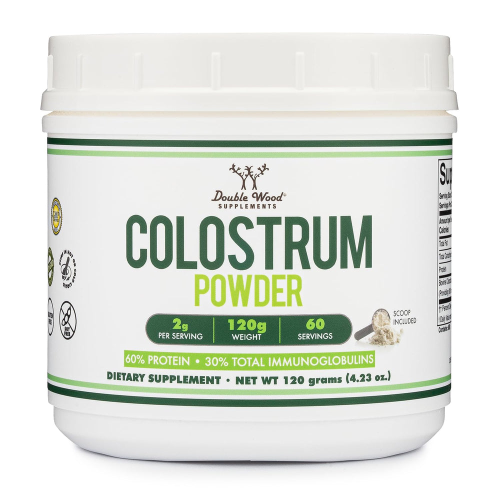 Double Wood bovine colostrum powder jar highlighting immune and gut support.