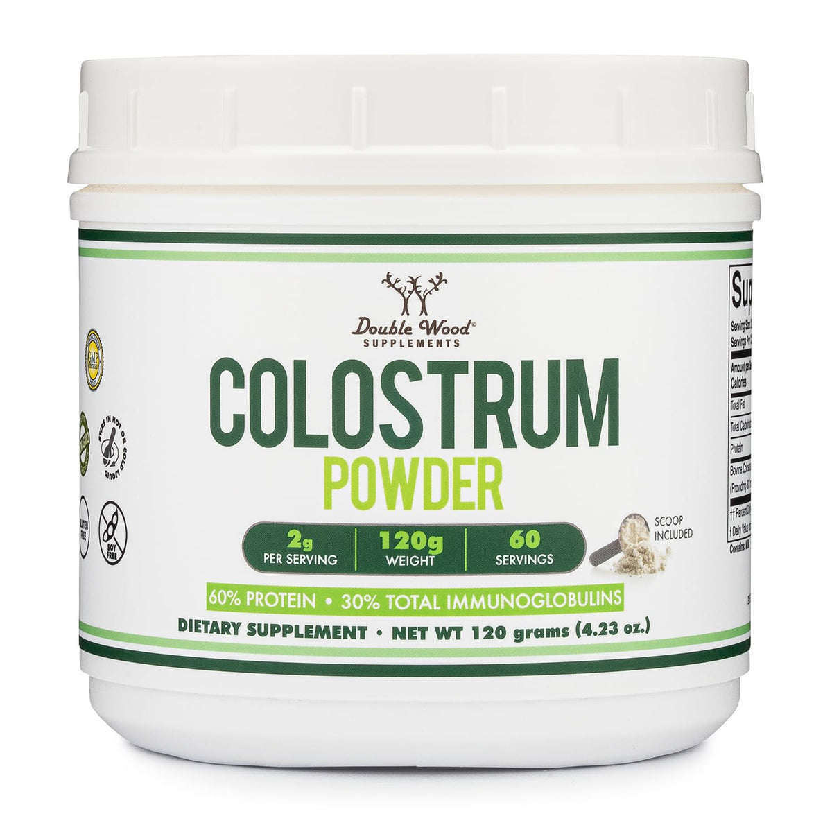 Double Wood bovine colostrum powder jar highlighting immune and gut support.