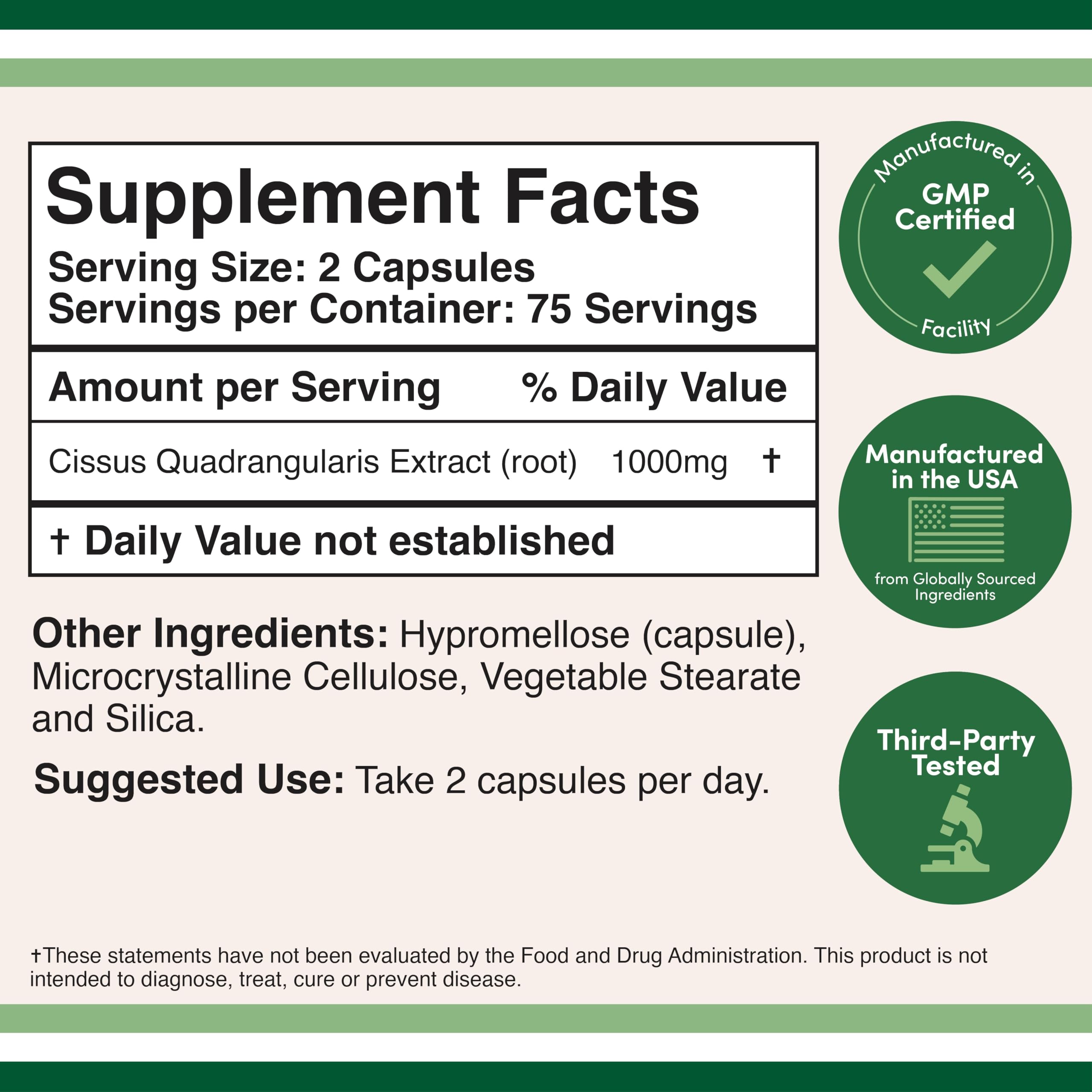Capsules of Double Wood Supplements Cissus Quadrangularis Super Extract for convenient daily joint support