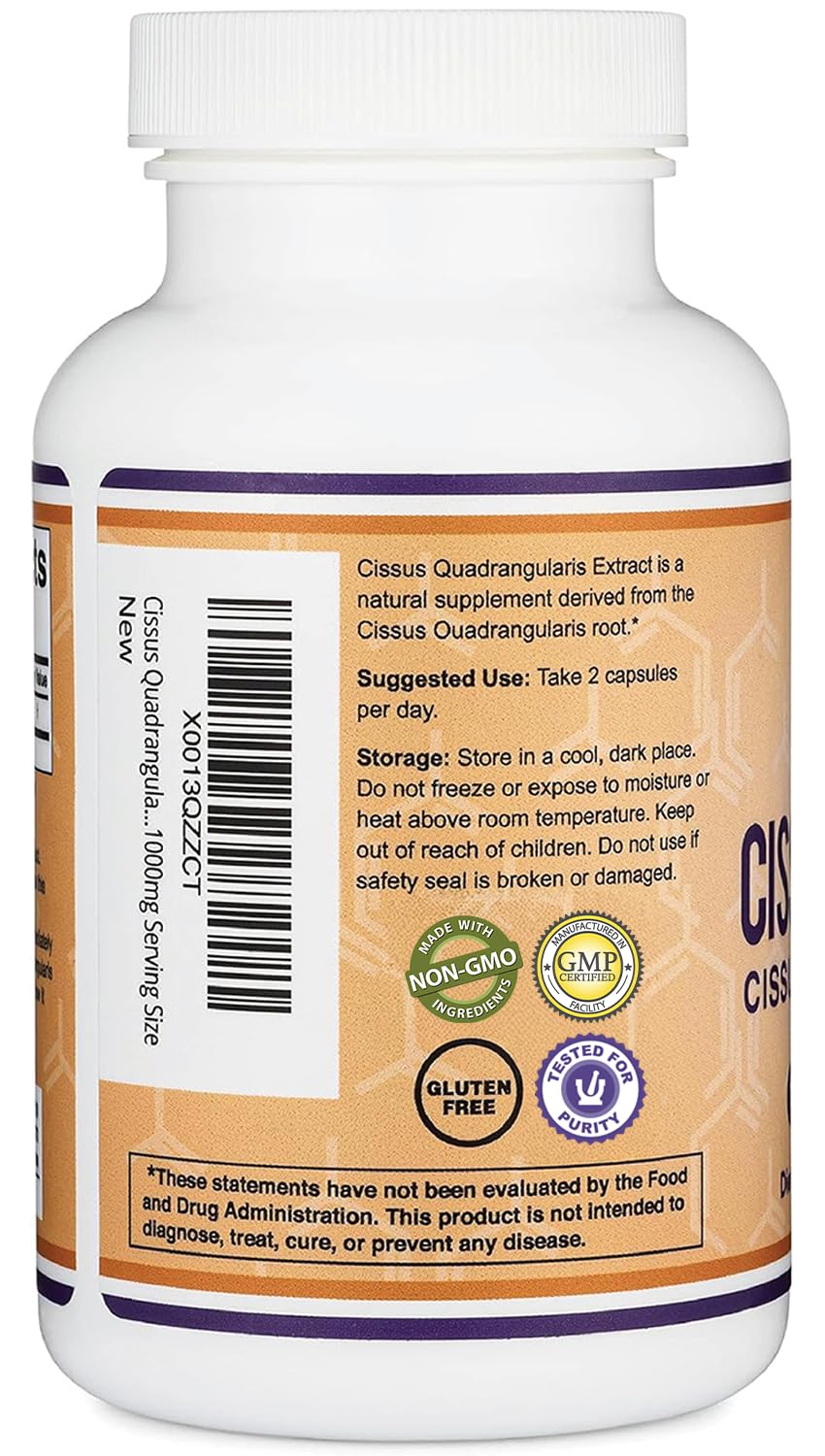 Label of Double Wood Supplements Cissus Quadrangularis Super Extract highlighting non-GMO and gluten-free quality