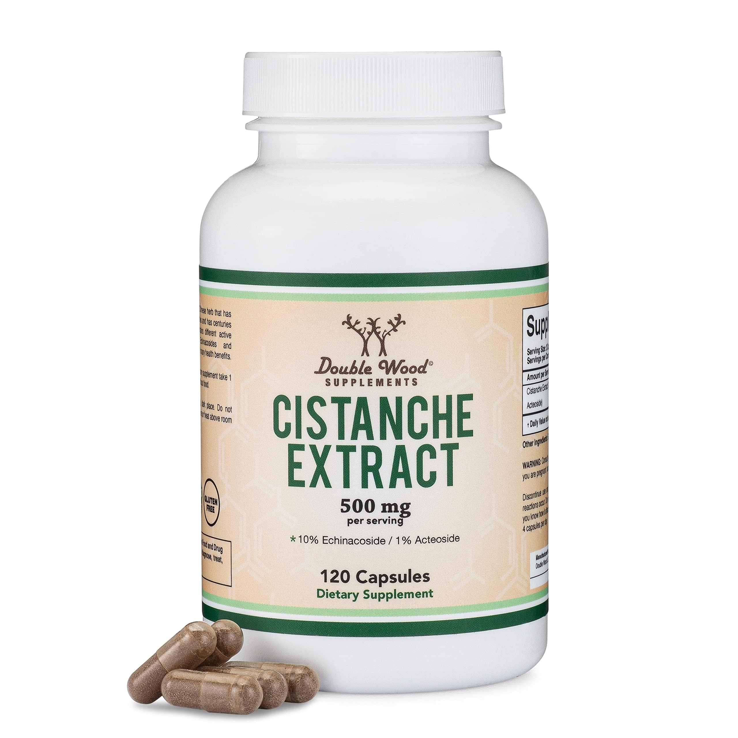 Double Wood Supplements Cistanche Tubulosa extract bottle showing 500 mg capsules for daily use