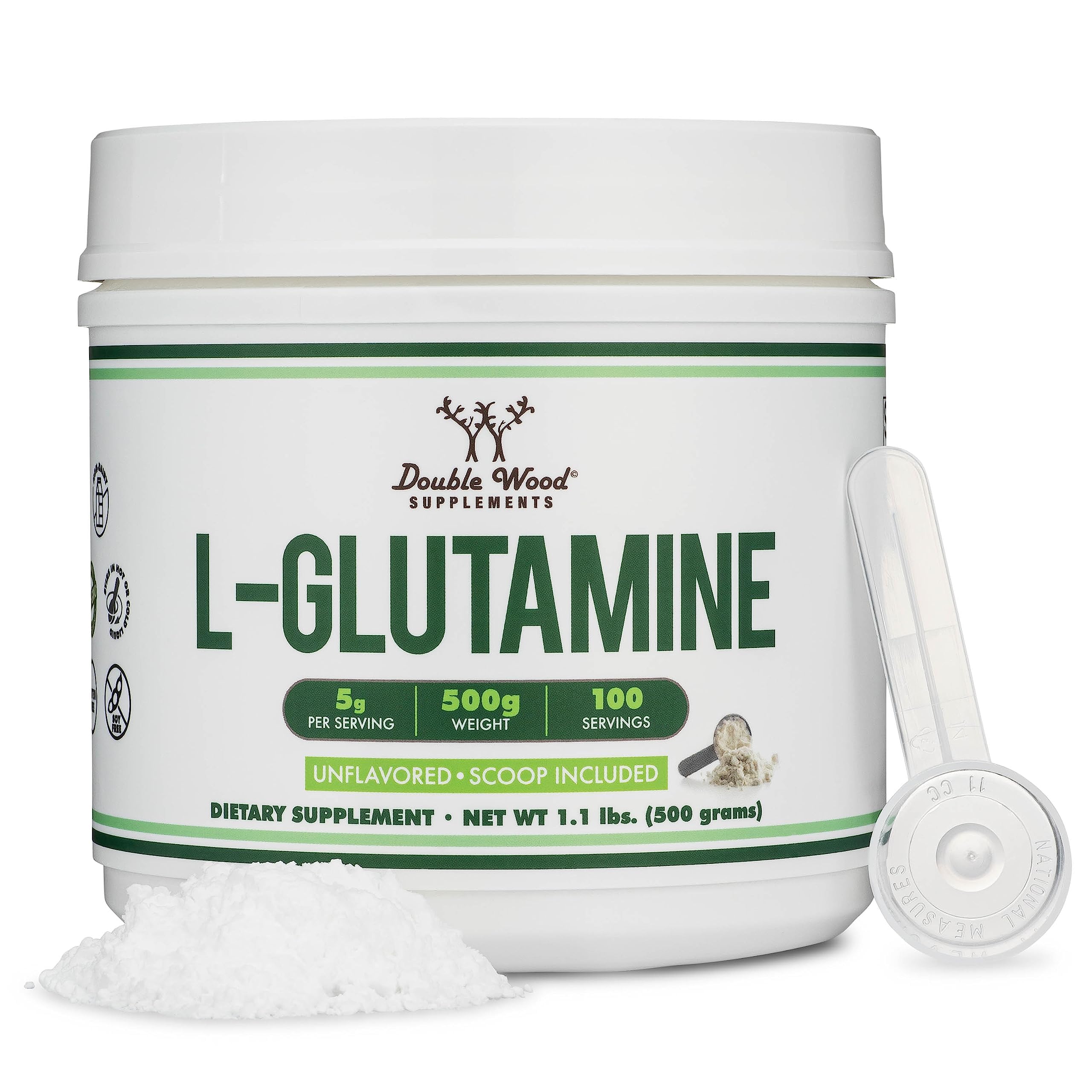 Double Wood L-Glutamine powder jar showing pure, unflavored formula for endurance and gut support.