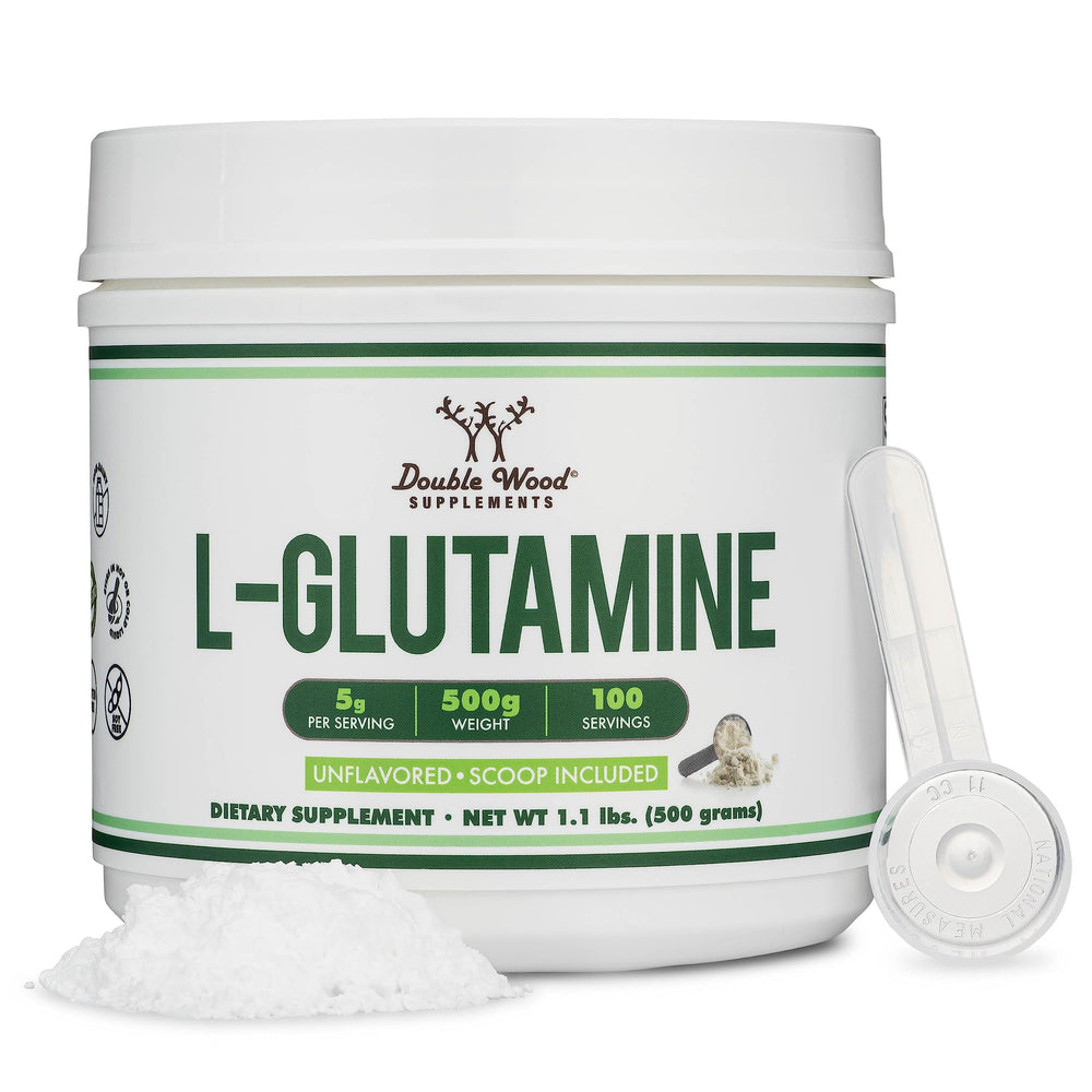 Double Wood L-Glutamine powder jar showing pure, unflavored formula for endurance and gut support.