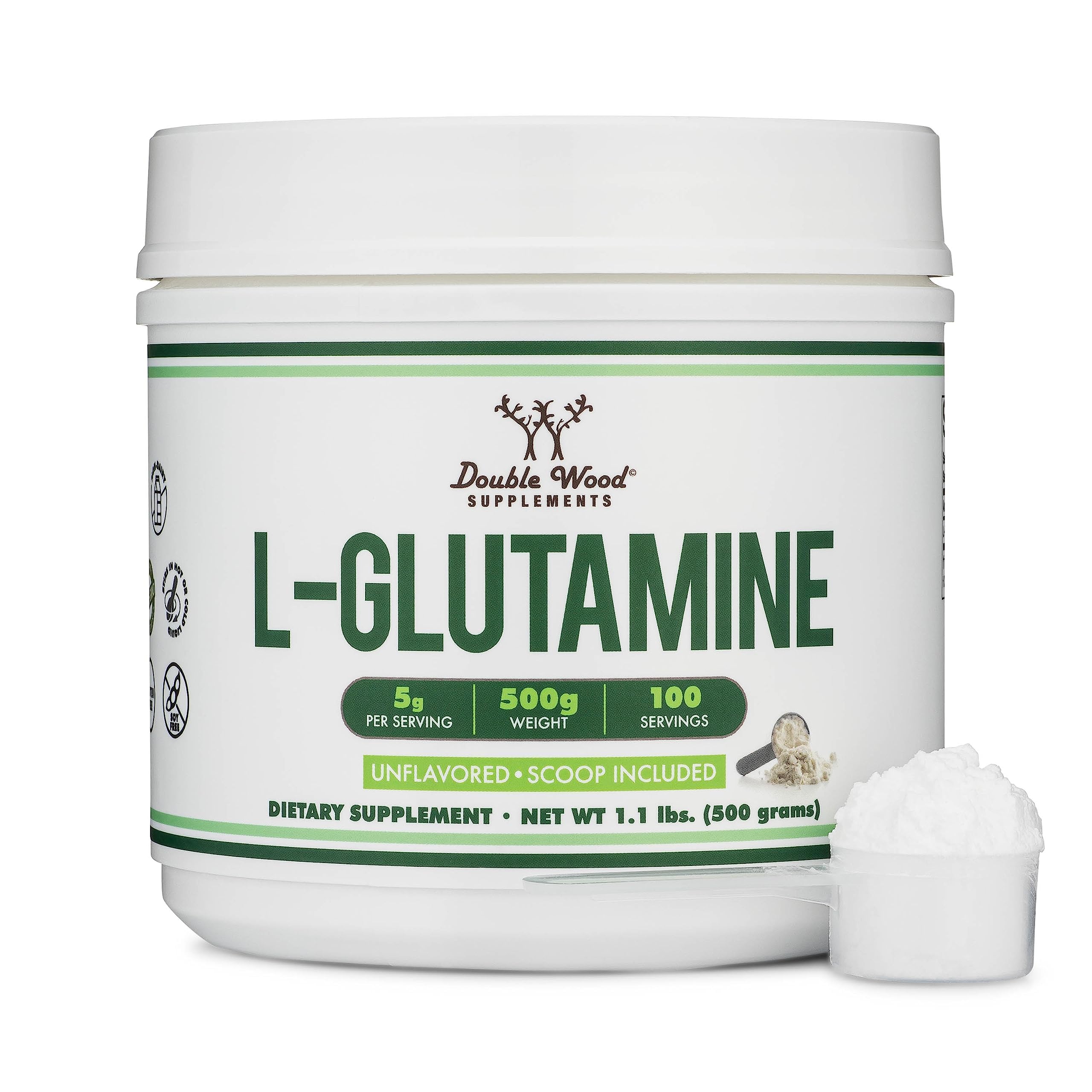 Double Wood L-Glutamine powder with measuring scoop for keto-friendly dosing.