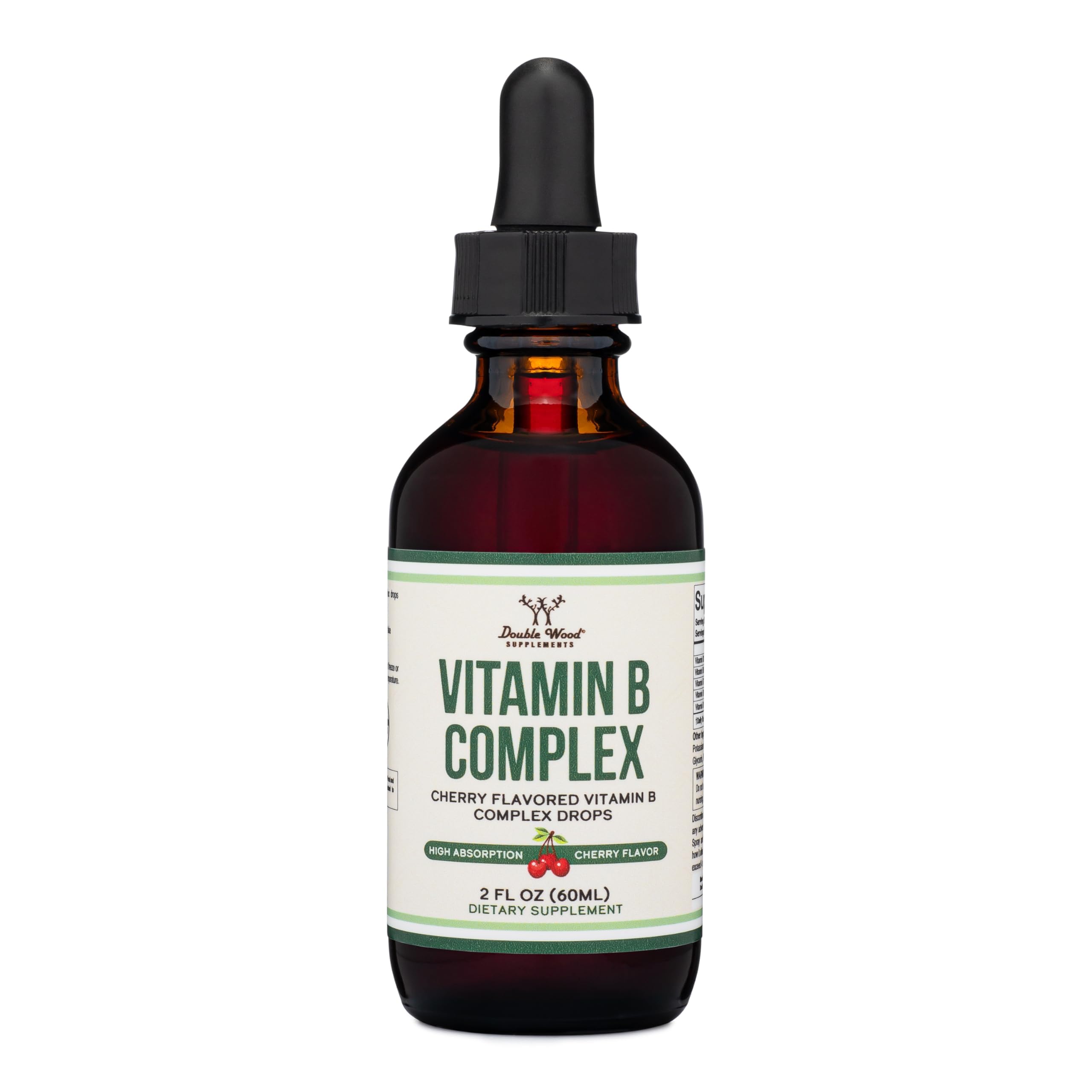 Double Wood Supplements liquid B complex cherry bottle for easy daily energy support.