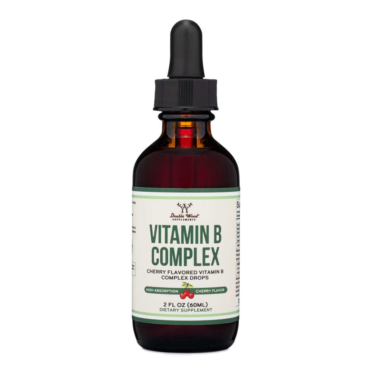 Double Wood Supplements liquid B complex cherry bottle for easy daily energy support.