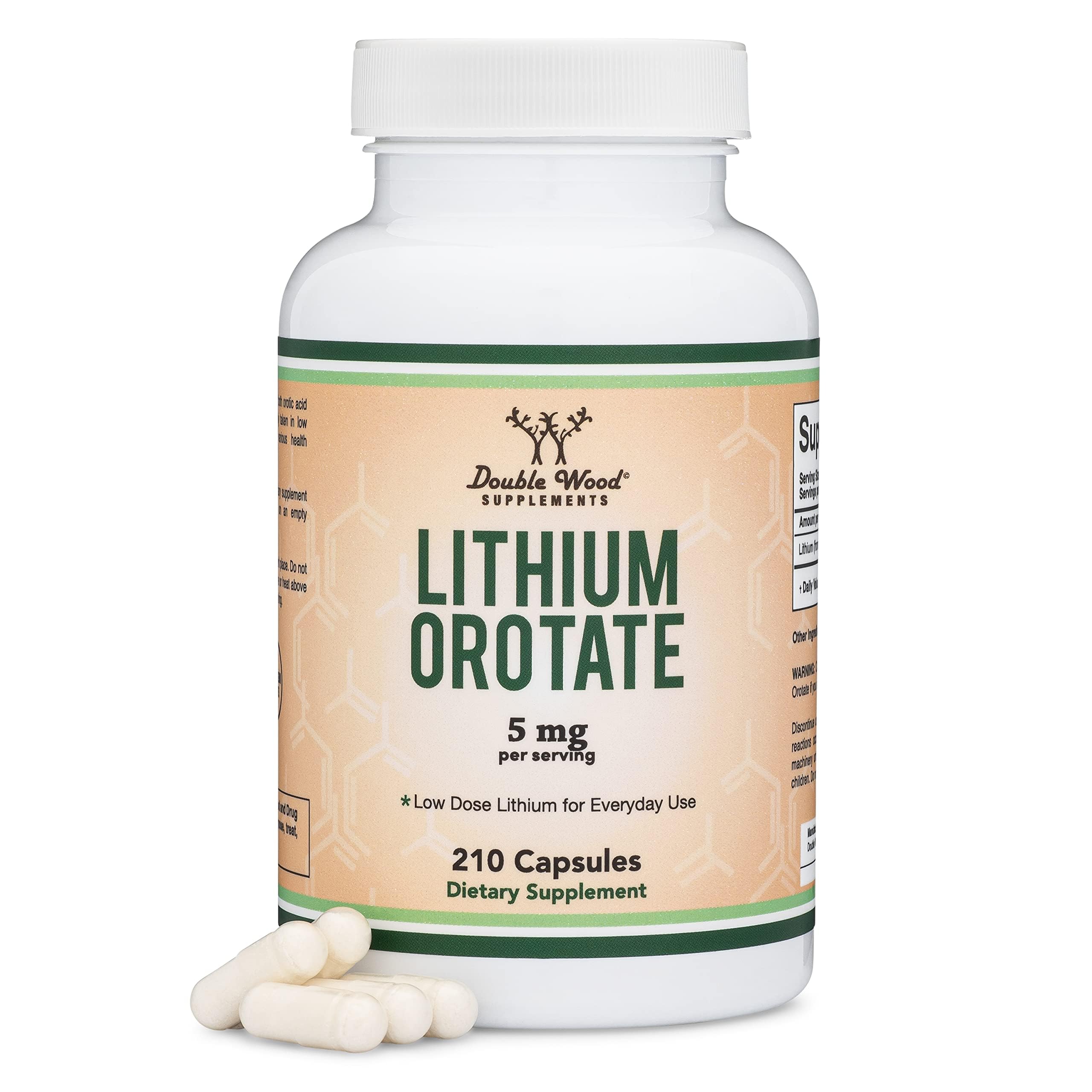 Double Wood Lithium Orotate bottle close-up suggesting mood support potential.