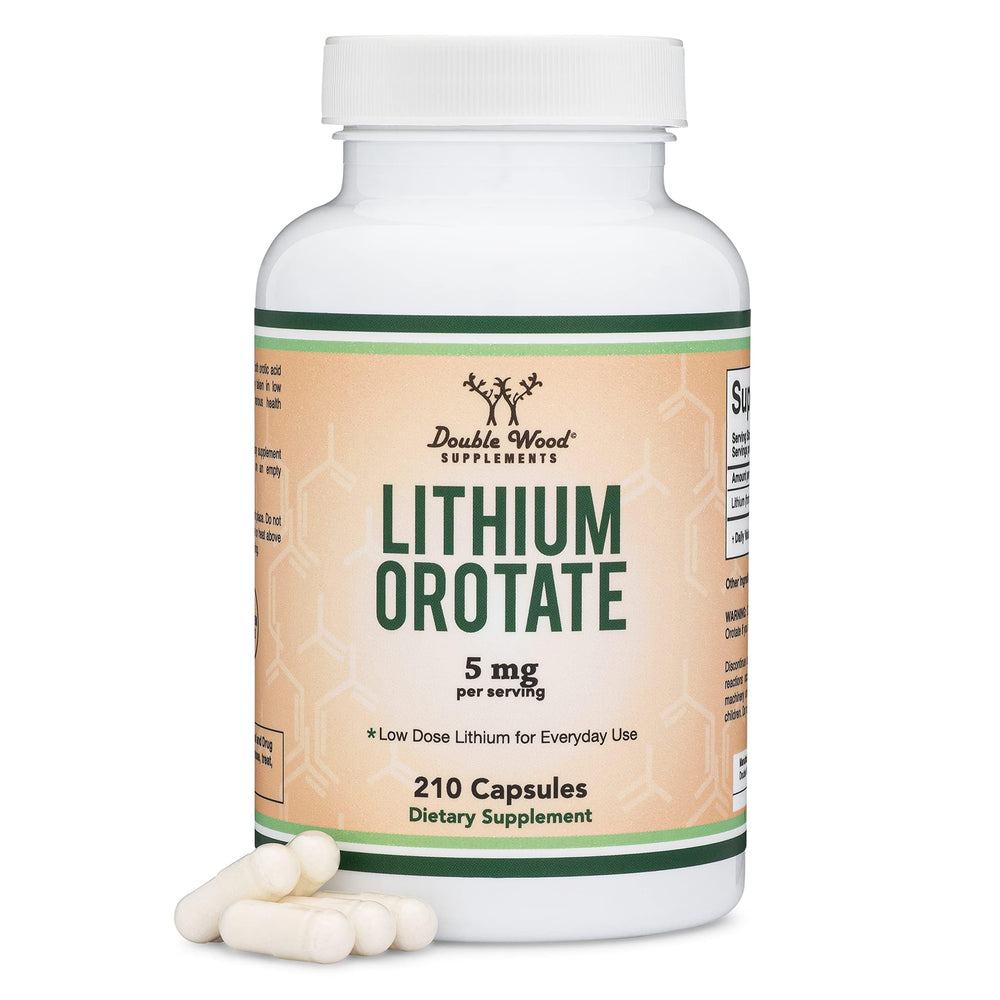 Double Wood Lithium Orotate bottle close-up suggesting mood support potential.