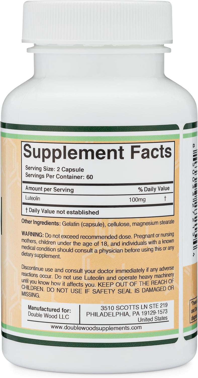 Double Wood luteolin gluten-free label emphasizing polyphenol antioxidant benefits