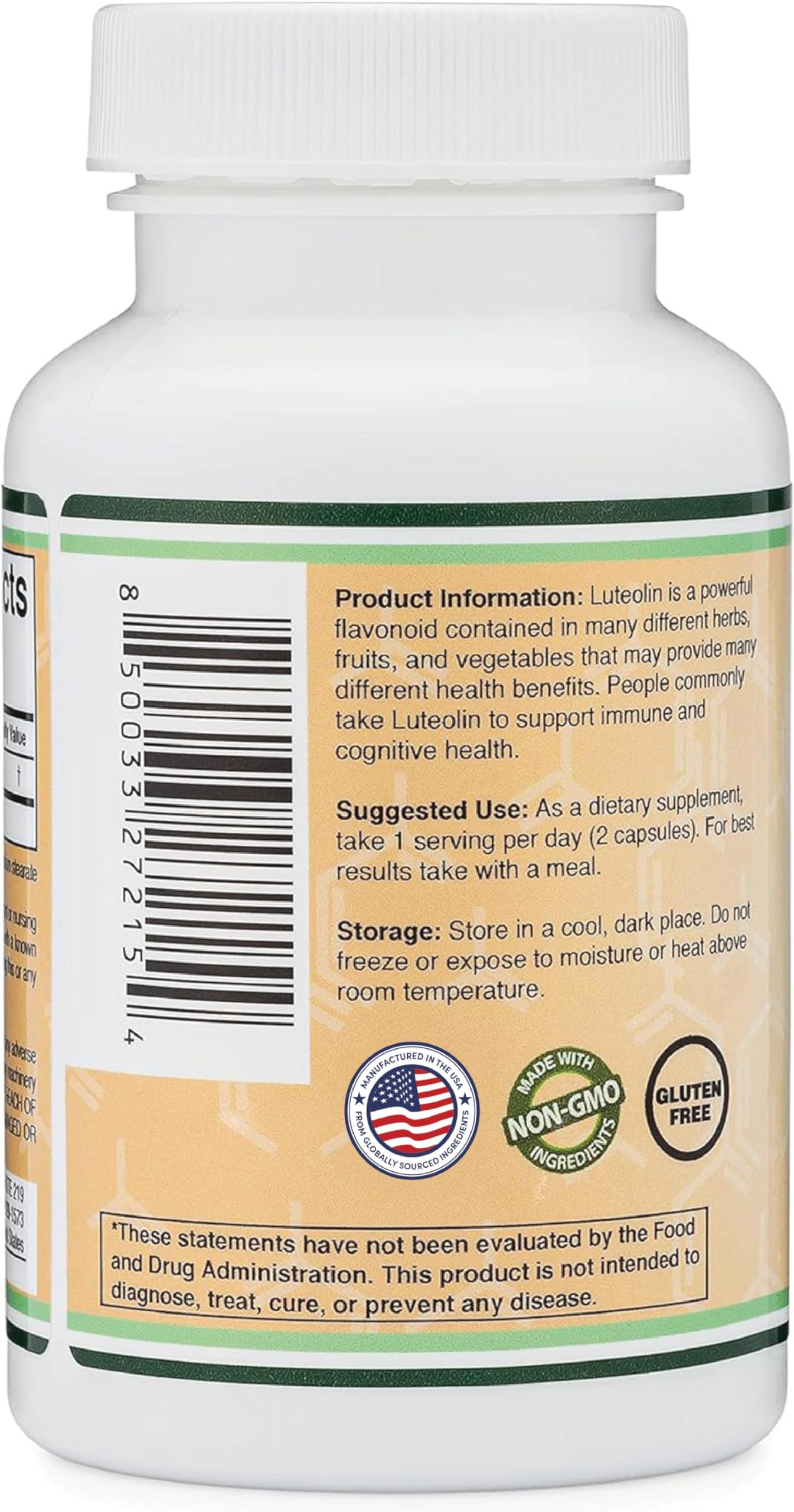 Double Wood luteolin serving two capsules demonstrating dosage and convenience