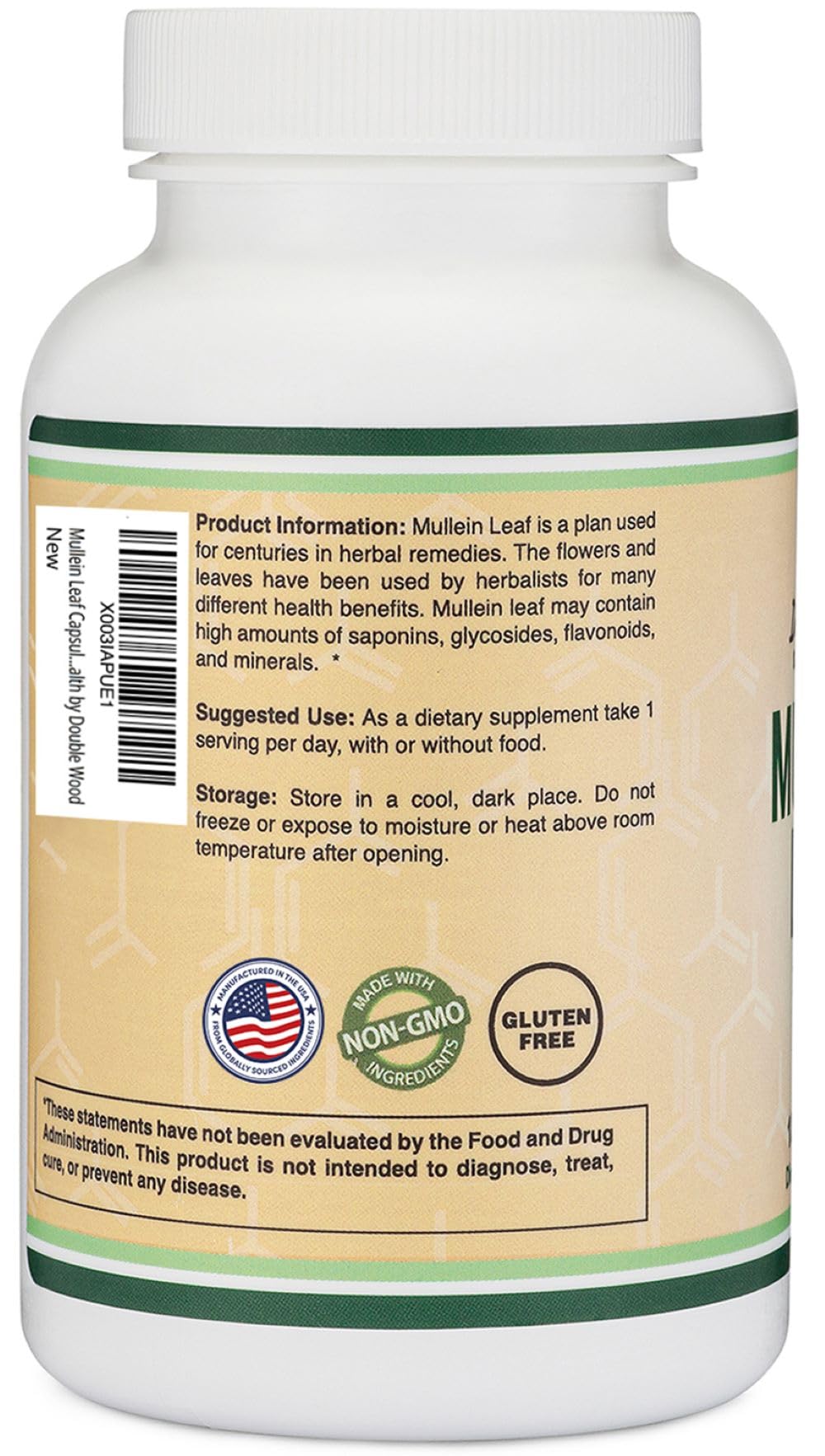 Packaging image of Double Wood Mullein Leaf made in the USA with globally sourced ingredients