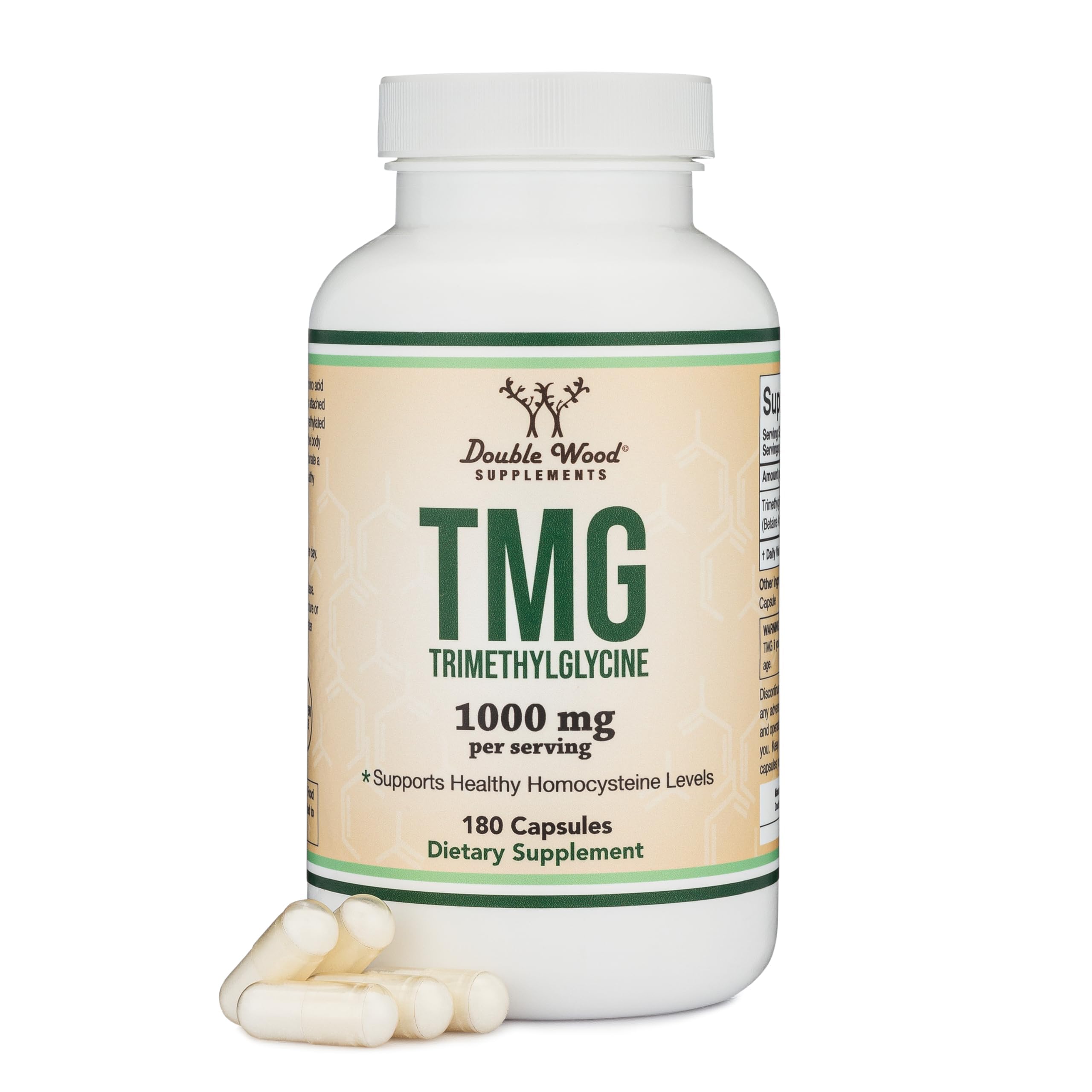 Double Wood TMG bottle front view signaling authentic trimethylglycine for active lifestyle support