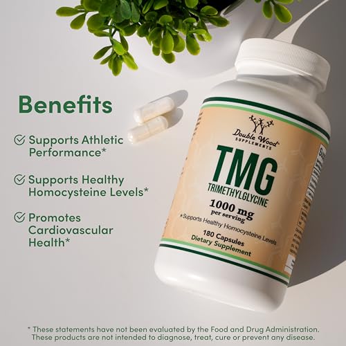 Close-up of Double Wood TMG capsules showing compact 1000 mg serving for daily use