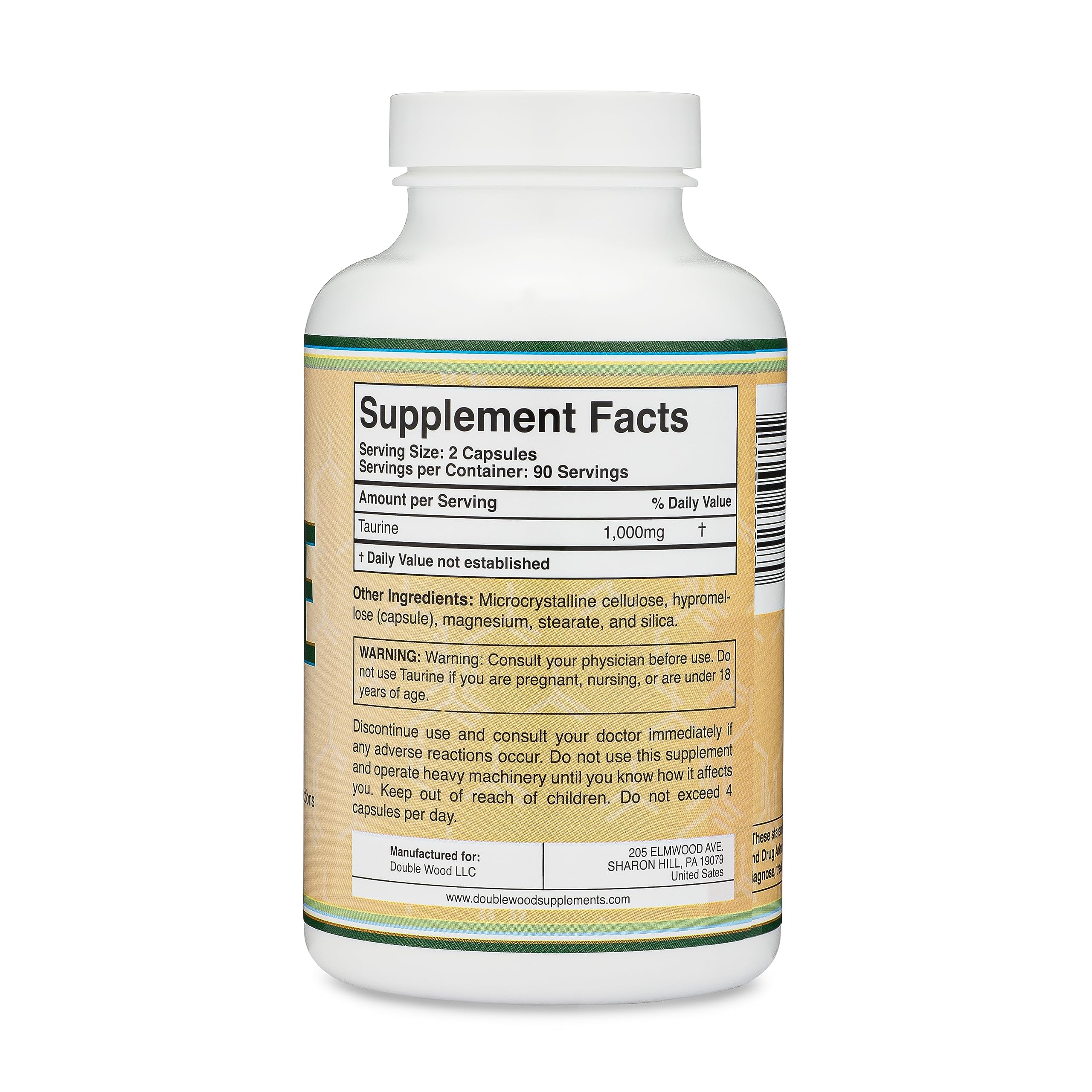 Double Wood Taurine bottle label showcasing vegan-friendly and gluten-free features.