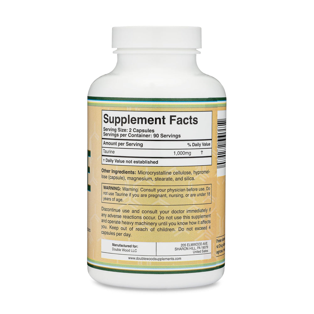 Double Wood Taurine bottle label showcasing vegan-friendly and gluten-free features.