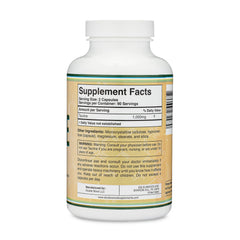 Double Wood Taurine bottle label showcasing vegan-friendly and gluten-free features.
