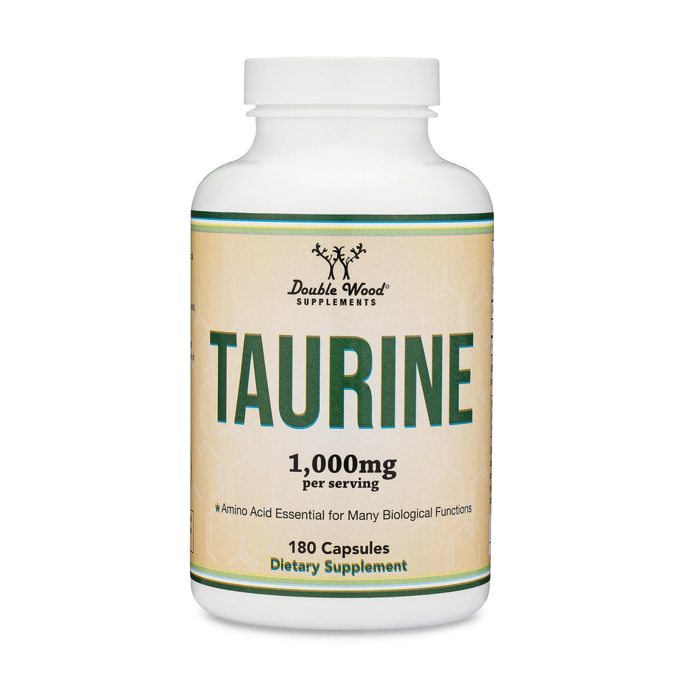 Double Wood Taurine bottle indicating USA-made quality and testing.