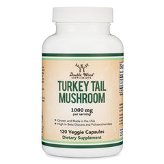 Double Wood Turkey Tail bottle front label highlighting immune support potential