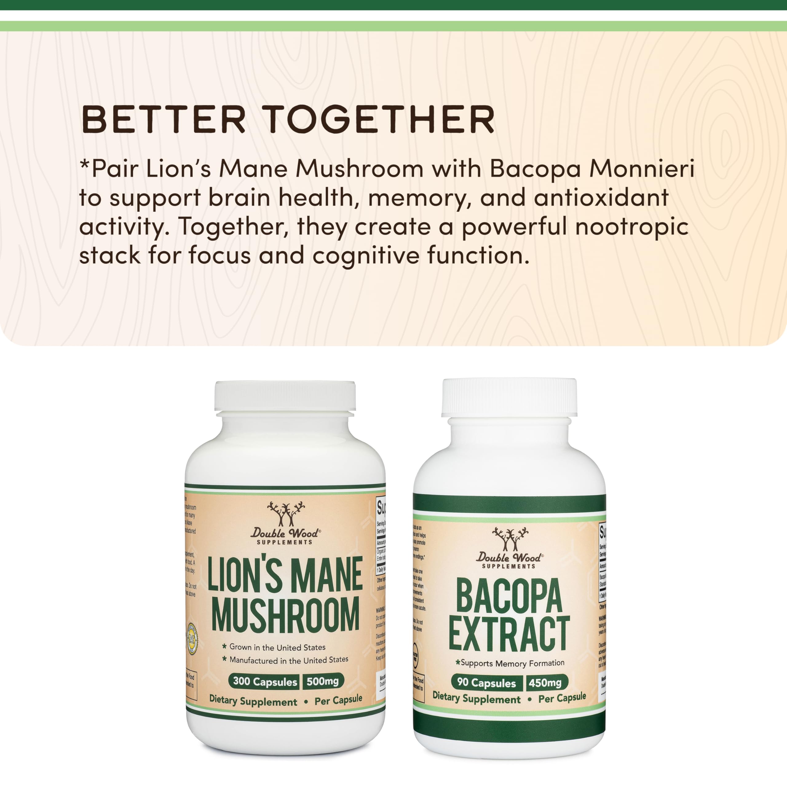 USA-grown Double Wood Lions Mane capsules symbolizing quality sourcing