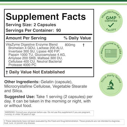 Double Wood Vitazyme label close-up highlighting enzyme blend supports nutrient absorption.