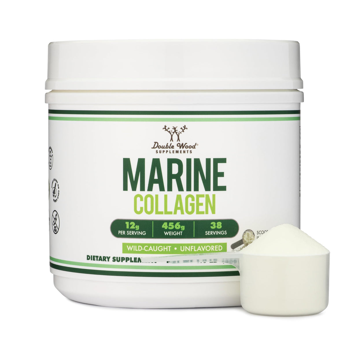 Double Wood Marine Collagen Powder bottle with unflavored, quick-dissolve formula.