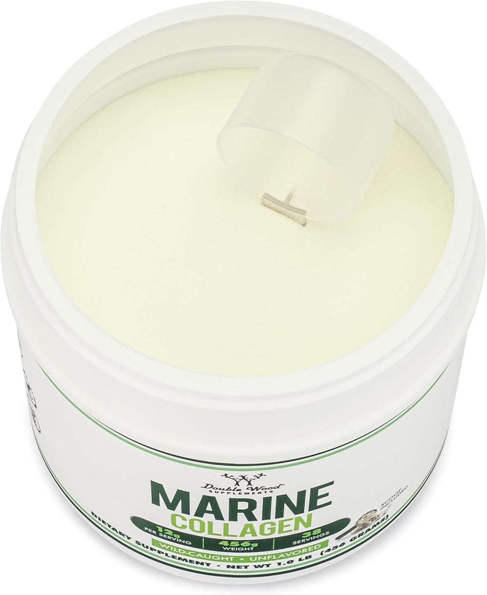 Wild-caught white fish source label on Double Wood collagen jar.