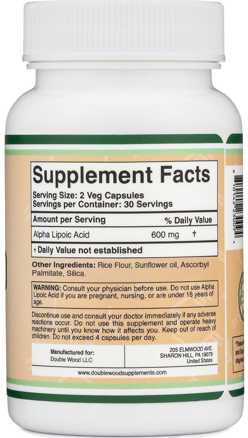 Double Wood Alpha Lipoic Acid vegan-safe capsules for plant-based wellness.