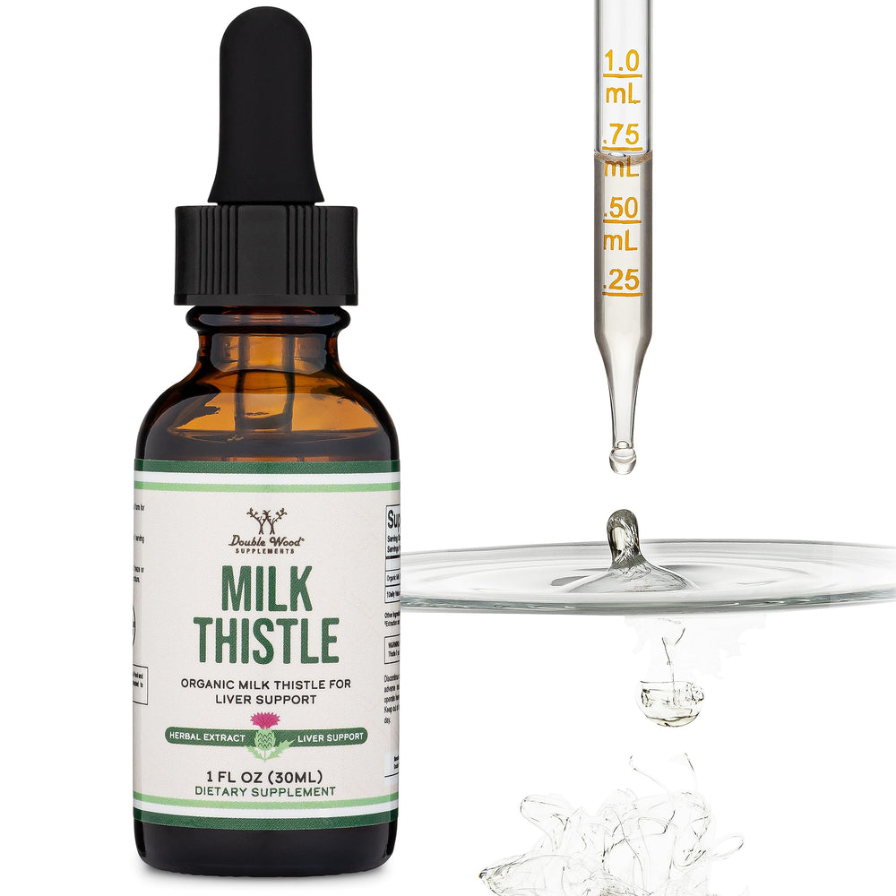 Double Wood Milk Thistle: etiqueta orgánica destaca fórmula limpia para dietas vegetarianas.