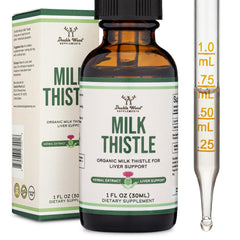 Double Wood Milk Thistle: botella de gotas con etiqueta orgánica para uso diario.