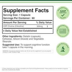 Double Wood CDP Choline bottle back label with dosage and purity details for transparency.