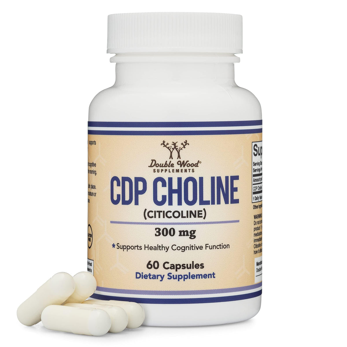 Double Wood CDP Choline bottle front shows premium, easy-to-swallow capsules for daily cognitive support.