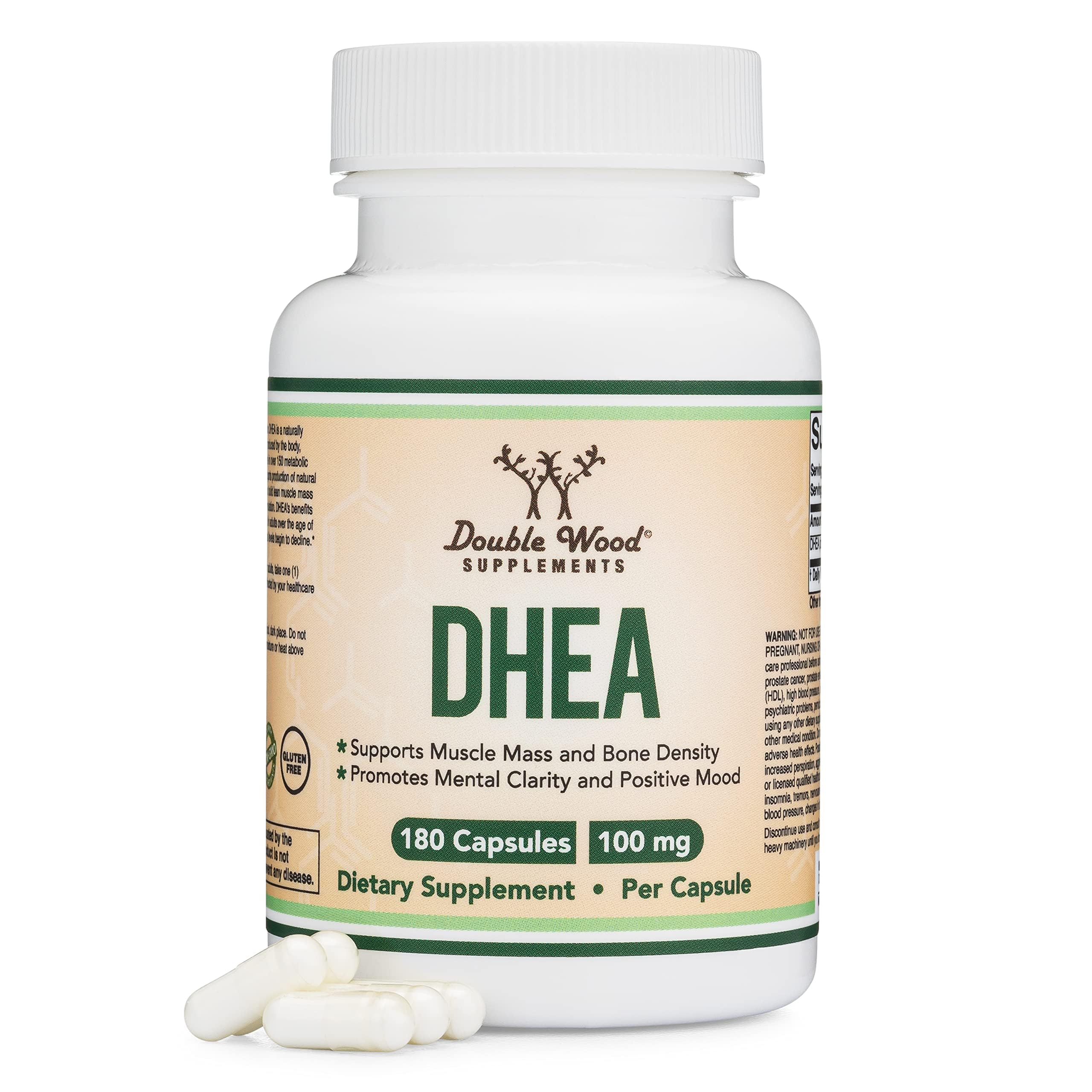 Double Wood DHEA 100mg bottle front view for supplement routine
