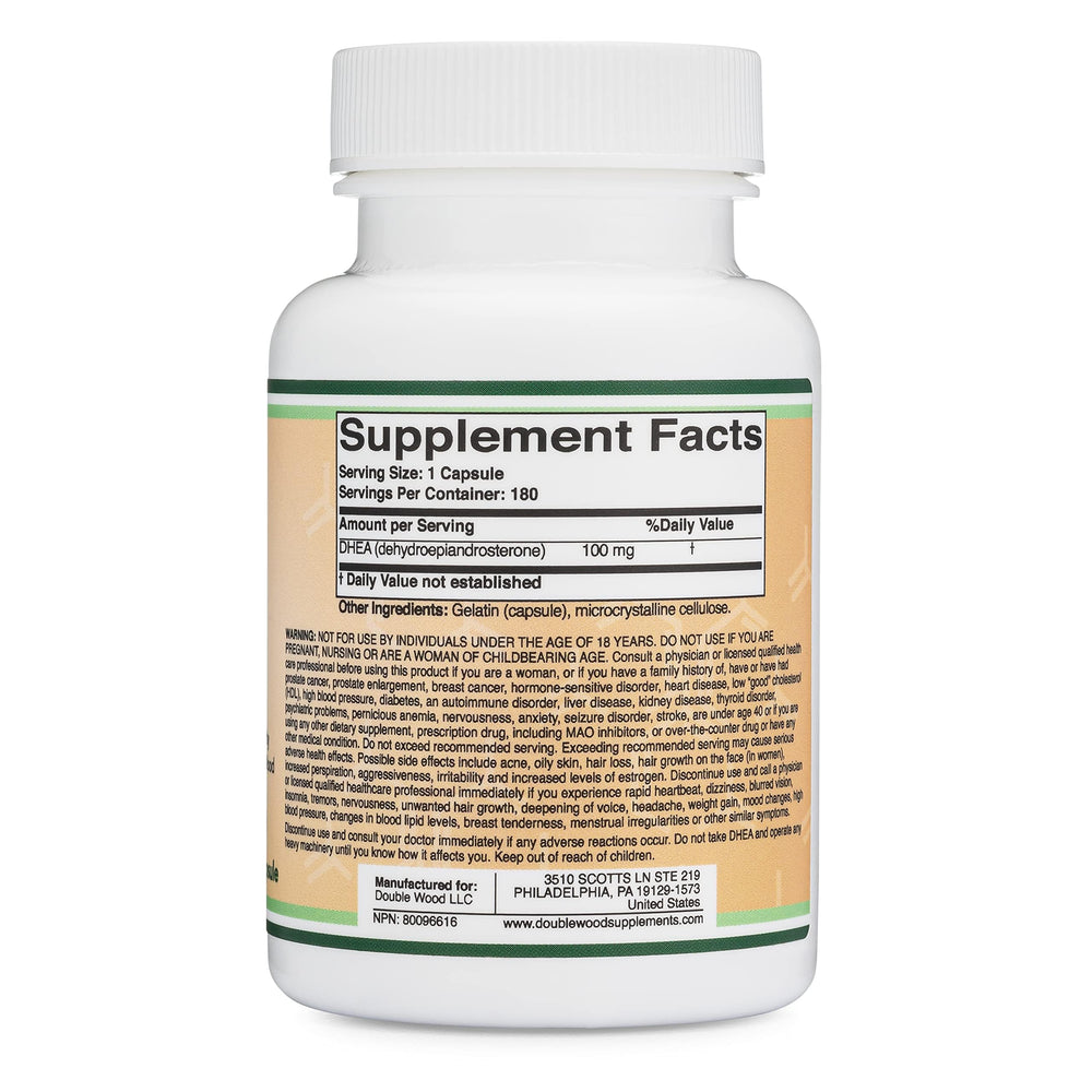 Double Wood DHEA 100mg capsules ready for daily use