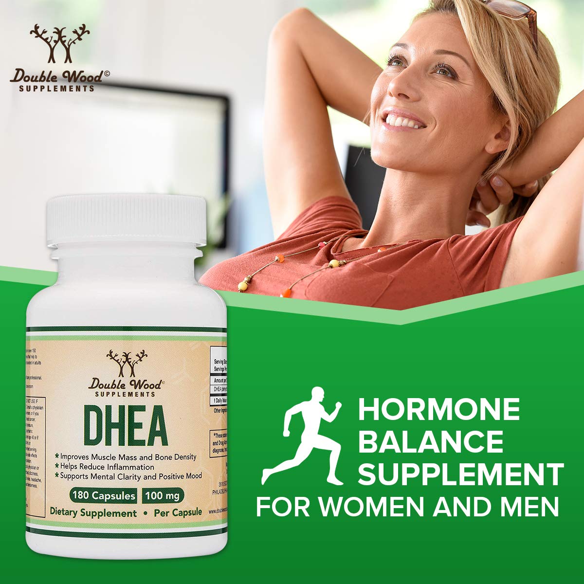 Gluten-free and non-GMO Double Wood DHEA formula
