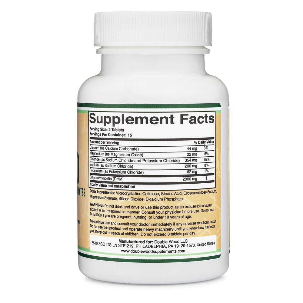Double Wood DHM1000 back label with third-party testing and gluten-free status