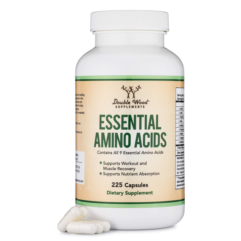 Double Wood Essential Amino Acids powder bottle with a clean label for gluten-free daily amino intake.