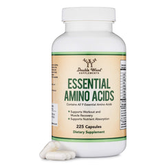 Double Wood Essential Amino Acids powder bottle with a clean label for gluten-free daily amino intake.