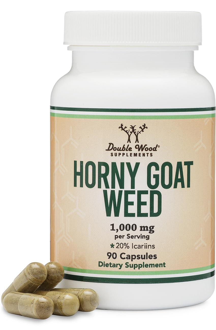 Double Wood Horny Goat Weed bottle shows max-strength formula for vitality.