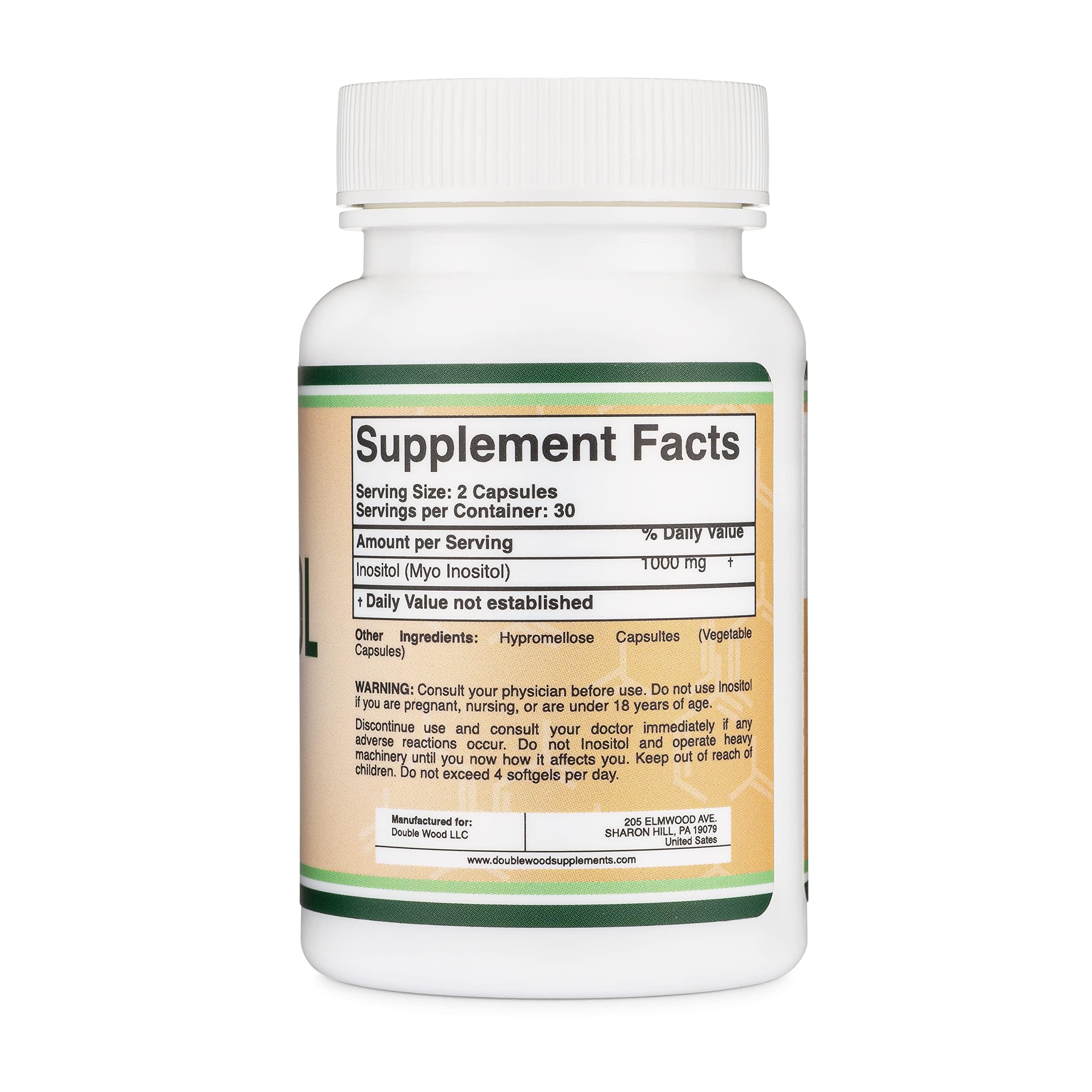 Double Wood Inositol etiqueta detallada con beneficios y uso sugerido