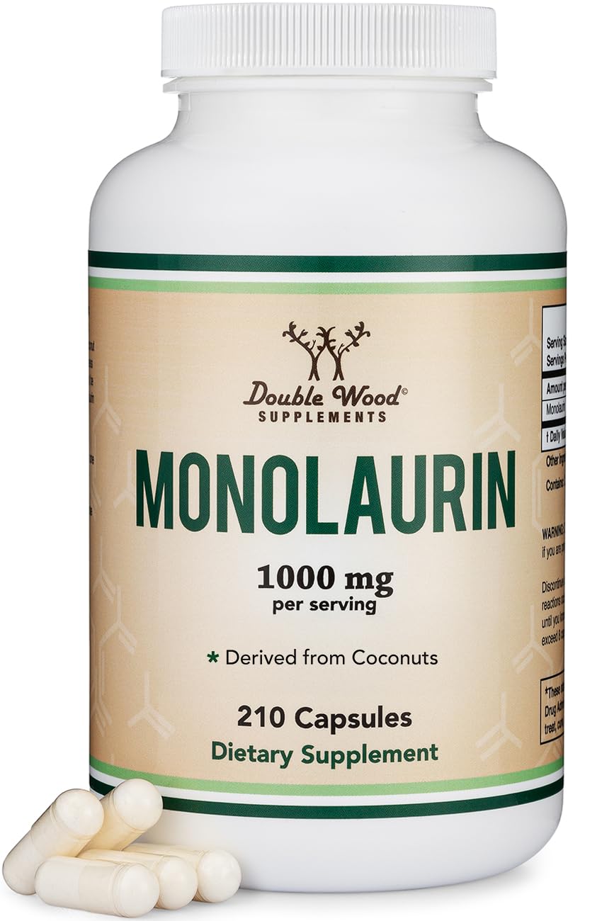 Double Wood Monolaurin bottle front label highlights 1,000 mg per serving.