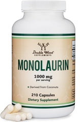 Double Wood Monolaurin bottle front label highlights 1,000 mg per serving.
