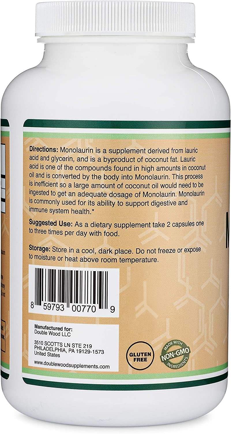 Double Wood Monolaurin packaging displays vegan-safe and non-GMO icons.