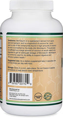 Double Wood Monolaurin packaging displays vegan-safe and non-GMO icons.