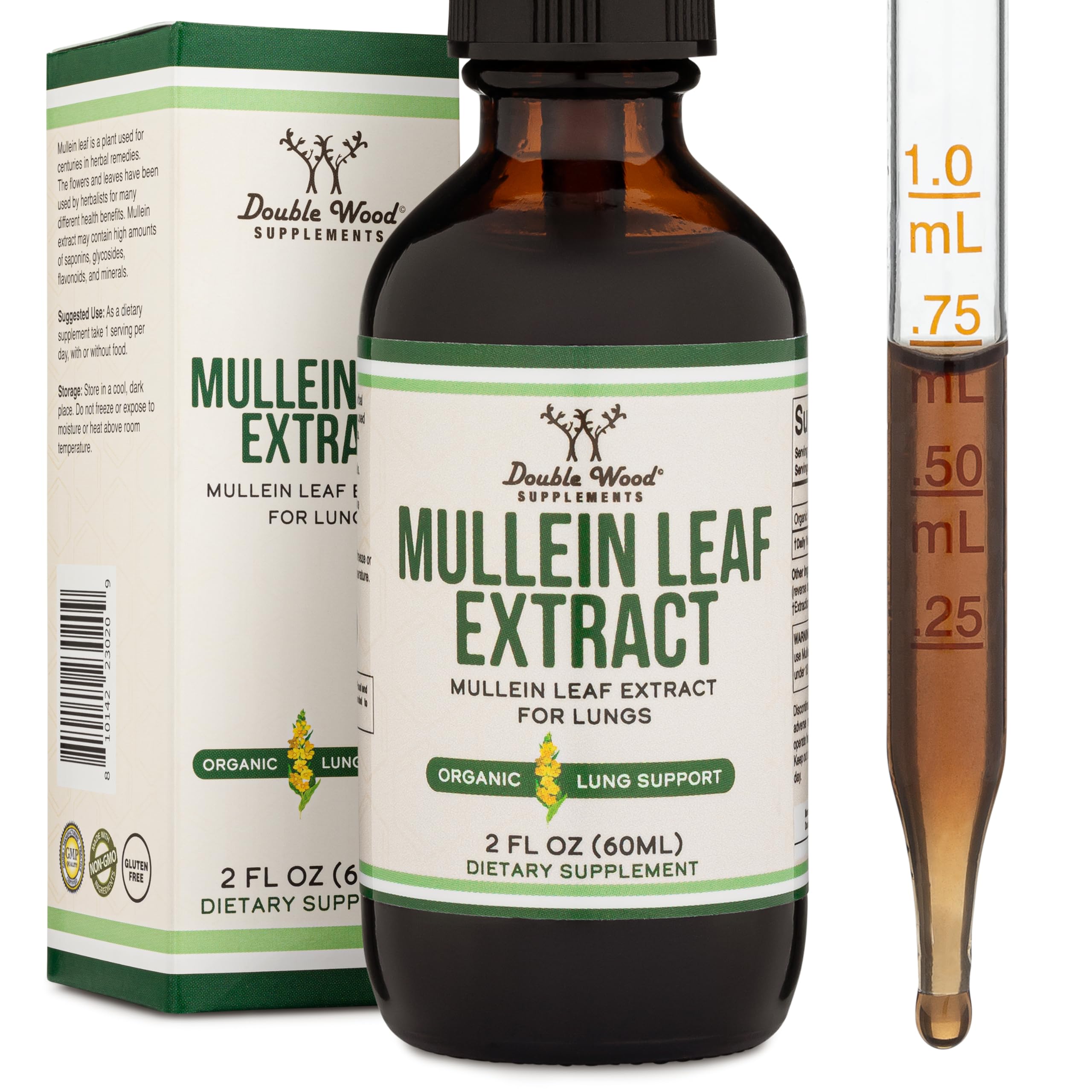 Double Wood Mullein Leaf Drops bottle shows convenient dosing for lung support.